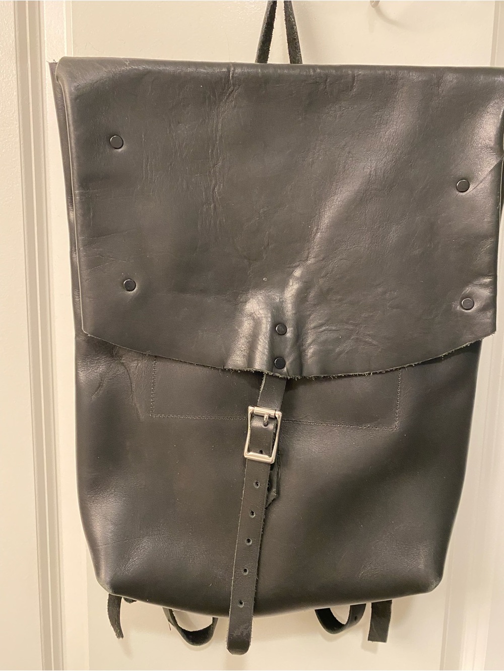 Black Leather Roll-Top Backpack